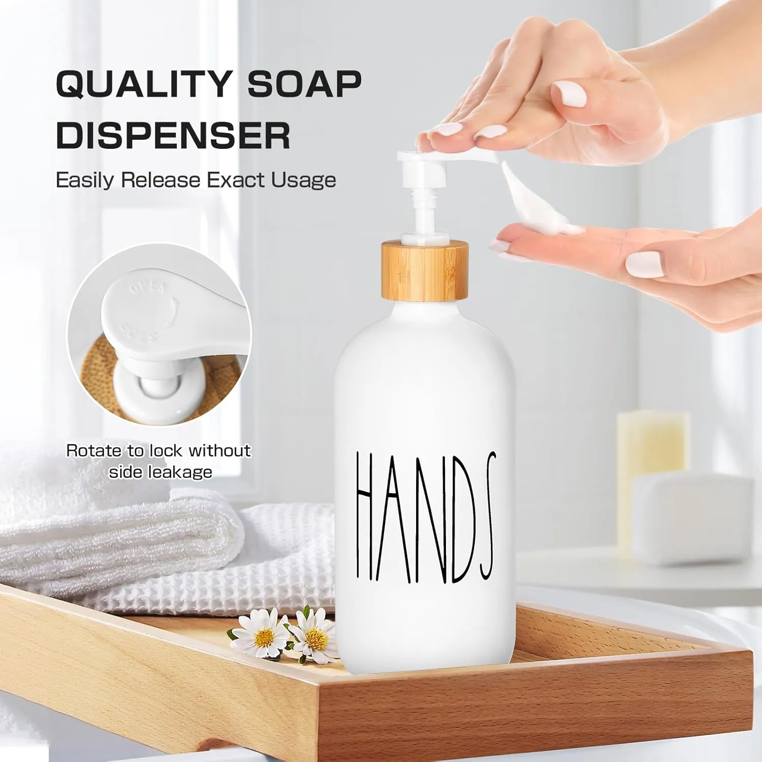 White Bathroom Accessories, 5 Pcs Glass Bathroom Accessory Set with Bamboo Tray, Soap Dispenser and Toothbrush Holder Set, Qtip and Cotton Ball Holder, Farmhouse Boho Bathroom Set Complete