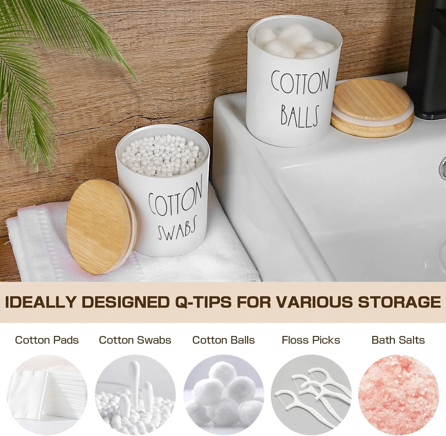 White Bathroom Accessories, 5 Pcs Glass Bathroom Accessory Set with Bamboo Tray, Soap Dispenser and Toothbrush Holder Set, Qtip and Cotton Ball Holder, Farmhouse Boho Bathroom Set Complete