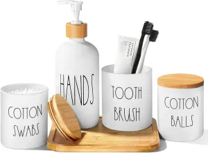 White Bathroom Accessories, 5 Pcs Glass Bathroom Accessory Set with Bamboo Tray, Soap Dispenser and Toothbrush Holder Set, Qtip and Cotton Ball Holder, Farmhouse Boho Bathroom Set Complete