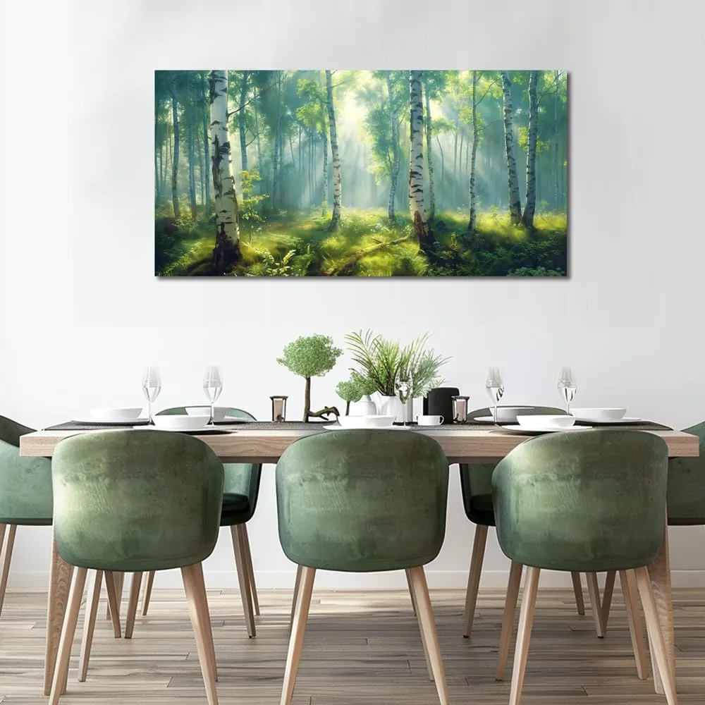 White Birch Tree Forest Canvas Wall Art Decor Green Nature Pictures Artwork Misty Foggy Scenery Wall Art Painting Modern MouNtain Landscape Art Prints for Living Room Home Office Decorations 20"×40"