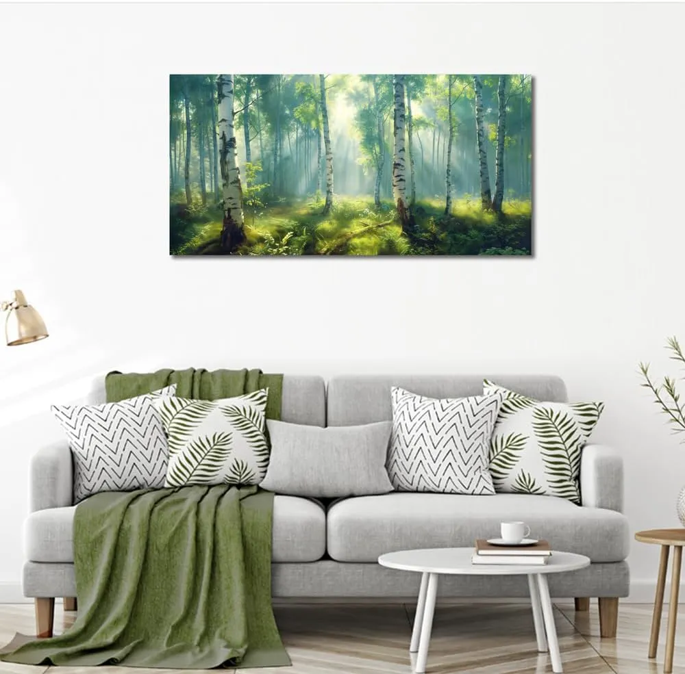 White Birch Tree Forest Canvas Wall Art Decor Green Nature Pictures Artwork Misty Foggy Scenery Wall Art Painting Modern MouNtain Landscape Art Prints for Living Room Home Office Decorations 20"×40"