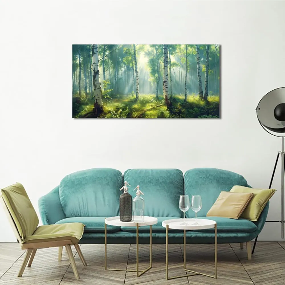 White Birch Tree Forest Canvas Wall Art Decor Green Nature Pictures Artwork Misty Foggy Scenery Wall Art Painting Modern MouNtain Landscape Art Prints for Living Room Home Office Decorations 20"×40"