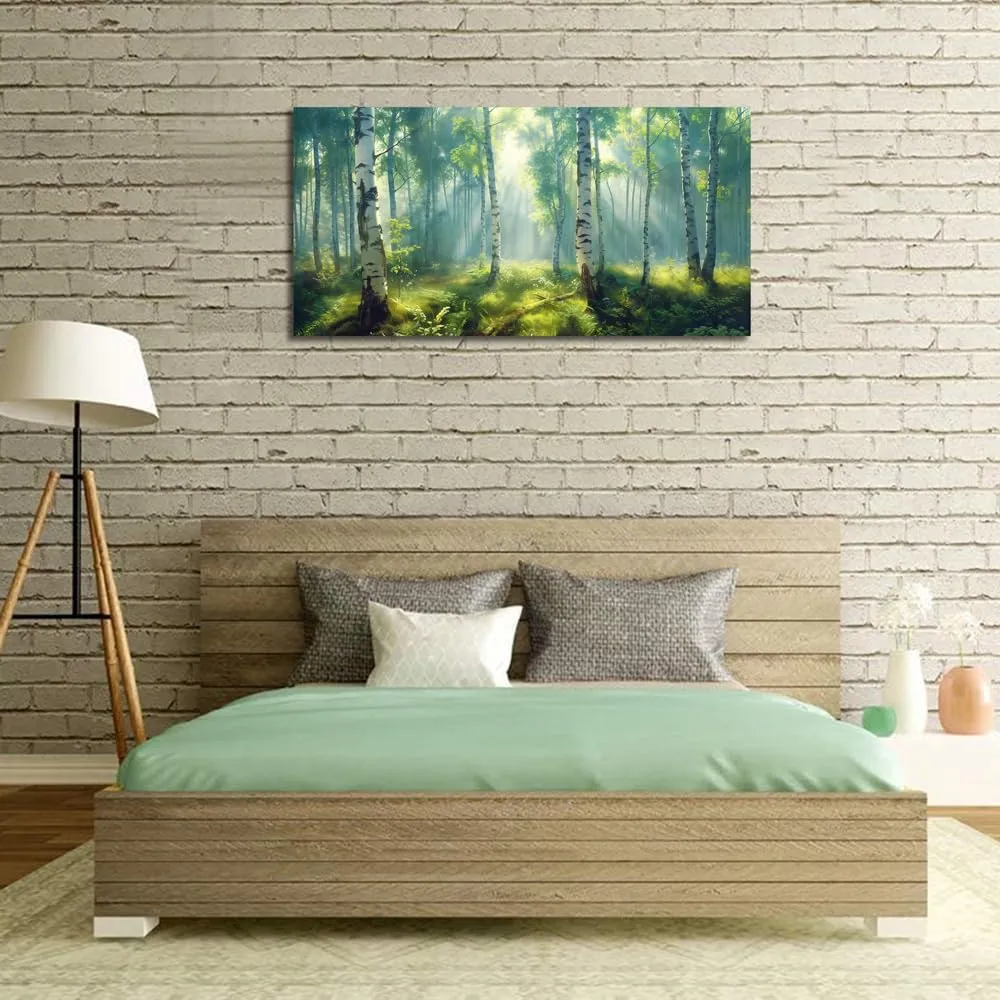 White Birch Tree Forest Canvas Wall Art Decor Green Nature Pictures Artwork Misty Foggy Scenery Wall Art Painting Modern MouNtain Landscape Art Prints for Living Room Home Office Decorations 20"×40"