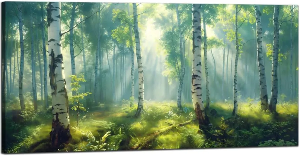 White Birch Tree Forest Canvas Wall Art Decor Green Nature Pictures Artwork Misty Foggy Scenery Wall Art Painting Modern MouNtain Landscape Art Prints for Living Room Home Office Decorations 20"×40"