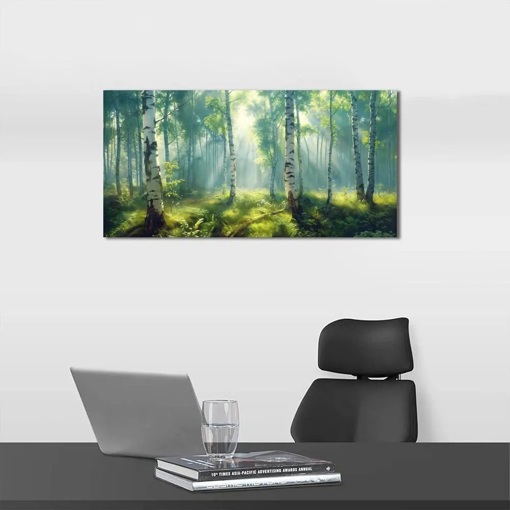 White Birch Tree Forest Canvas Wall Art Decor Green Nature Pictures Artwork Misty Foggy Scenery Wall Art Painting Modern MouNtain Landscape Art Prints for Living Room Home Office Decorations 20"×40"