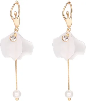 White Long Dangle Earrings Pearl Petals Drop Earrings for Women | Valentines Jewelry for Women with French Wire | Fashion Earrings for Women, Long Earrings for Women | Wedding Earrings for Bride