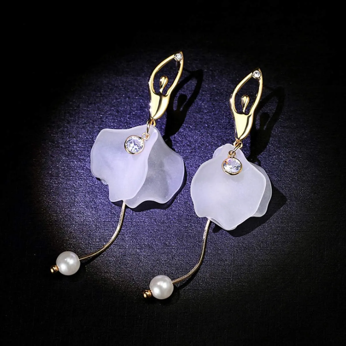 White Long Dangle Earrings Pearl Petals Drop Earrings for Women | Valentines Jewelry for Women with French Wire | Fashion Earrings for Women, Long Earrings for Women | Wedding Earrings for Bride