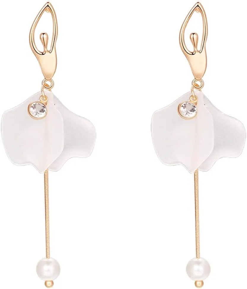 White Long Dangle Earrings Pearl Petals Drop Earrings for Women | Valentines Jewelry for Women with French Wire | Fashion Earrings for Women, Long Earrings for Women | Wedding Earrings for Bride