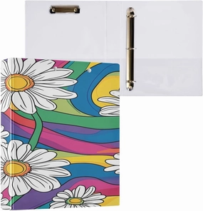 White Daisy 3-Ring Binder with Clipboard & 2 Pockets - 1.5 Inch Decorative Document Organizer 3-Ring Binder for Office, Meeting Supplies（87）