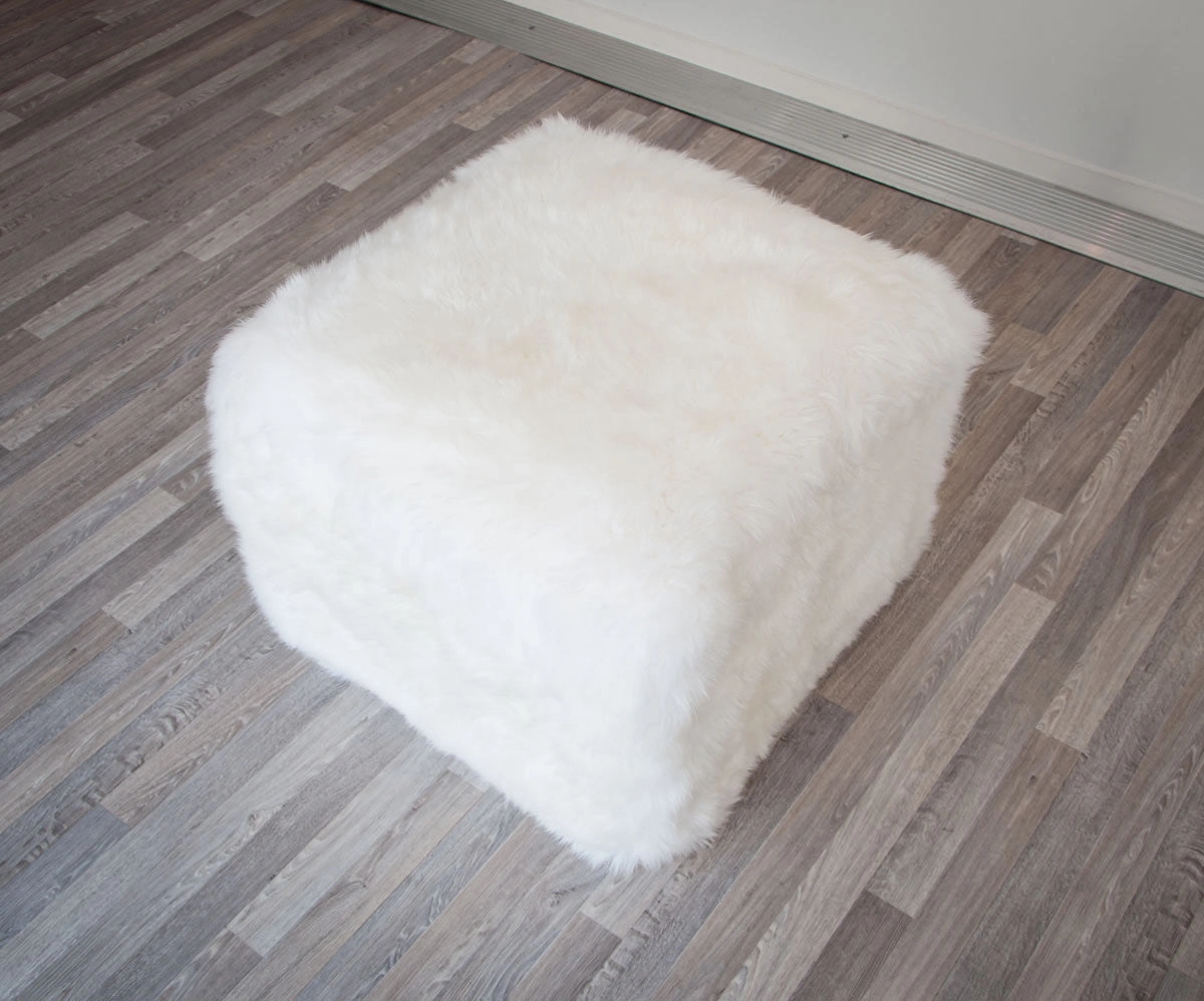 White Woolly Stool Sheepskin Footstool 50x50x40cm