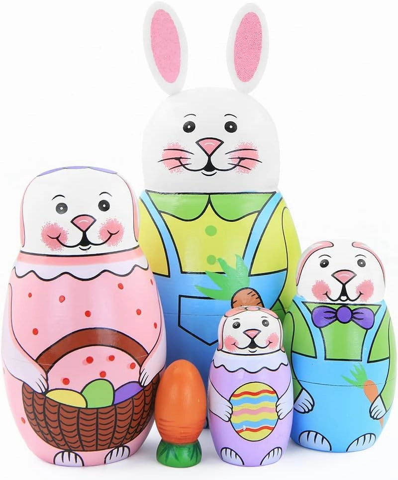 Winterworm Set of 5 Cute Bunny Russian Nesting Dolls,Easter Rabbit with Carrot Wooden Matryoshka Dolls for Kids Stacking Dolls Toy Christmas Birthday Toy Gift Home Decoration