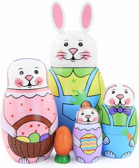 Winterworm Set of 5 Cute Bunny Russian Nesting Dolls,Easter Rabbit with Carrot Wooden Matryoshka Dolls for Kids Stacking Dolls Toy Christmas Birthday Toy Gift Home Decoration