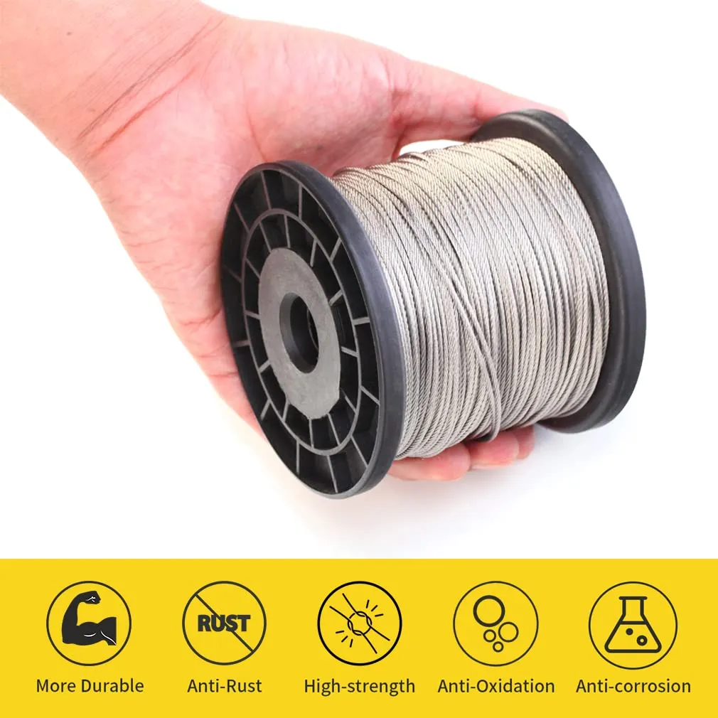 Wire Rope, 1/16 Wire Rope, 304 Stainless Steel Cable, Aircraft Cable, Steel Wire, 328FT with 150Pcs Crimping Sleeves, Clothes Line Wires, Trellis Wire, 7x7 368lbs Breaking Strength