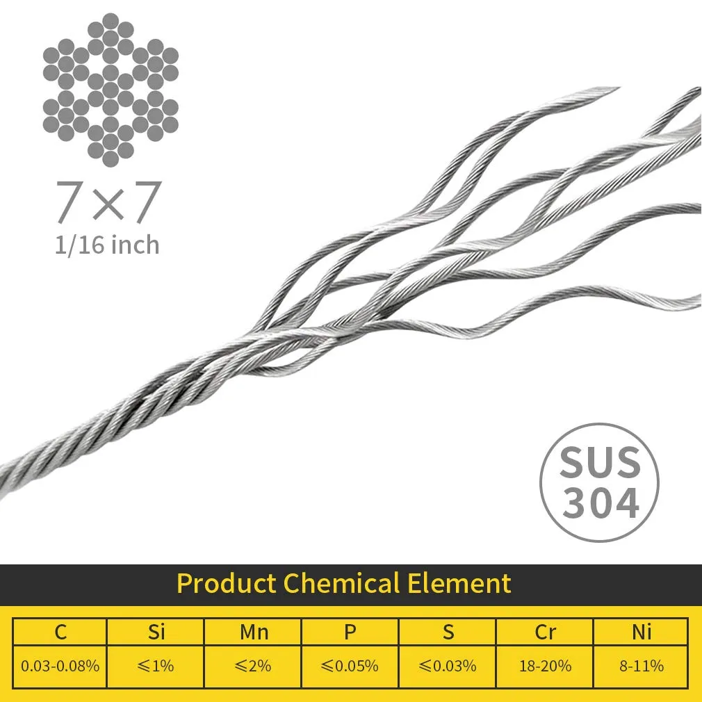 Wire Rope, 1/16 Wire Rope, 304 Stainless Steel Cable, Aircraft Cable, Steel Wire, 328FT with 150Pcs Crimping Sleeves, Clothes Line Wires, Trellis Wire, 7x7 368lbs Breaking Strength