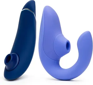 Womanizer Blend Blue Dual Stimulation Rabbit Vibrator & Premium 2 Blue Pleasure Air Clitoris Sucker - Female Sex Toys Bundle