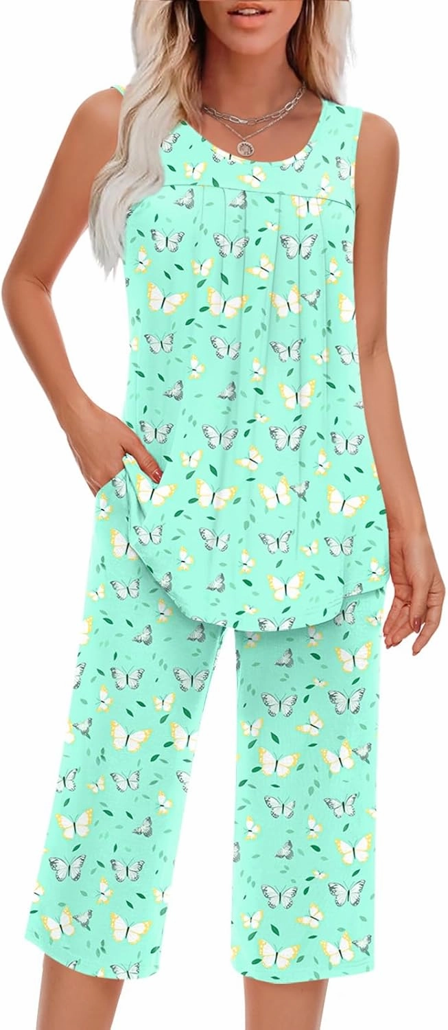 Women Pajamas Sets Loungewear Soft Sleepwear Two Piece Summer Sleeveless Pjs Tank Top Pants with Pocket M-3XL