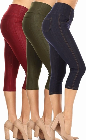 Women's Capri Denim Jeggings High Waisted Pull on Stretch Cropped Skinny Pants Regular & Plus Size