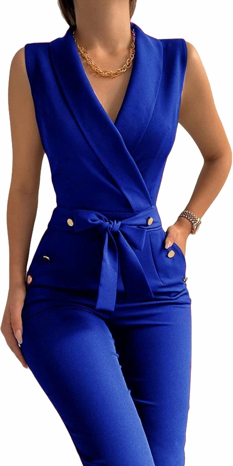 Women's Elegant Jumpsuits V Neck Sleeveless Straight Belted Long Pants Business Suits Set with Pockets