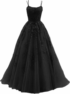 Women's Lace Appliques Prom Dresses Long Spaghetti Strap Ball Gowns Tulle Formal Dress for Party