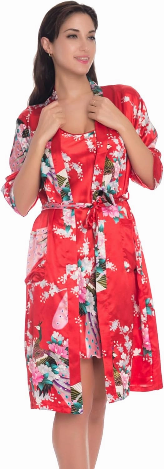 Women's Satin Nightgown with Robes Set 2 Piece Sleepwear Sexy Slip Gown Pajamas Set Silky Cami Nightwear