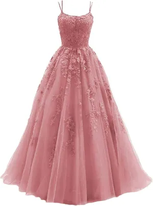 Women's Lace Appliques Prom Dresses Long Spaghetti Strap Ball Gowns Tulle Formal Dress for Party