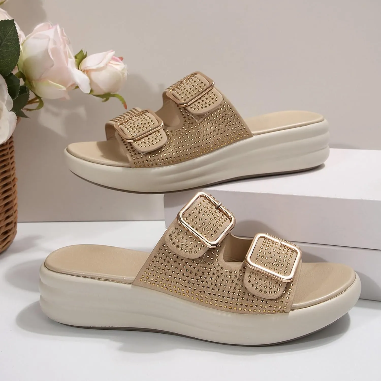 Women's Orthopedic Wedge Sandals Summer Casual Rhinestone Platform Fashionable Espadrille Cork Footbed Slide Sandals Open Toe Comfortable Arch Support Slip on Soft Soled Slippers