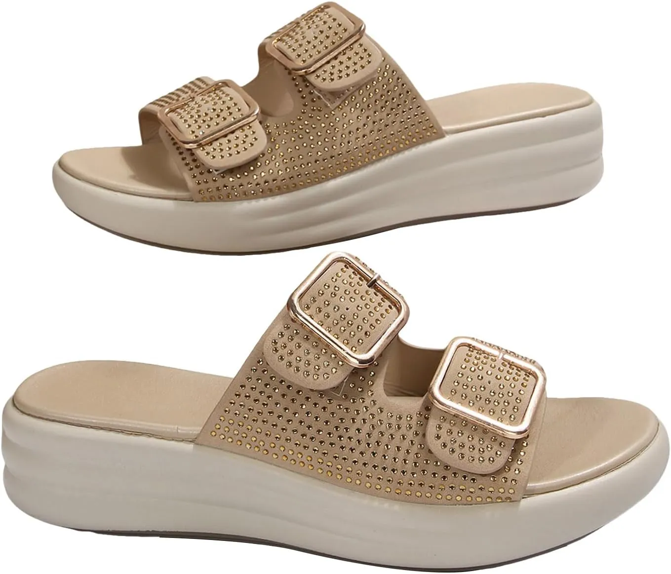 Women's Orthopedic Wedge Sandals Summer Casual Rhinestone Platform Fashionable Espadrille Cork Footbed Slide Sandals Open Toe Comfortable Arch Support Slip on Soft Soled Slippers