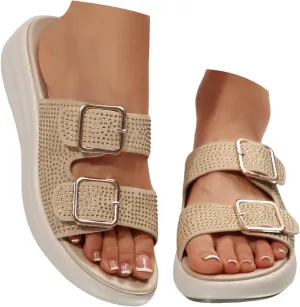 Women's Orthopedic Wedge Sandals Summer Casual Rhinestone Platform Fashionable Espadrille Cork Footbed Slide Sandals Open Toe Comfortable Arch Support Slip on Soft Soled Slippers