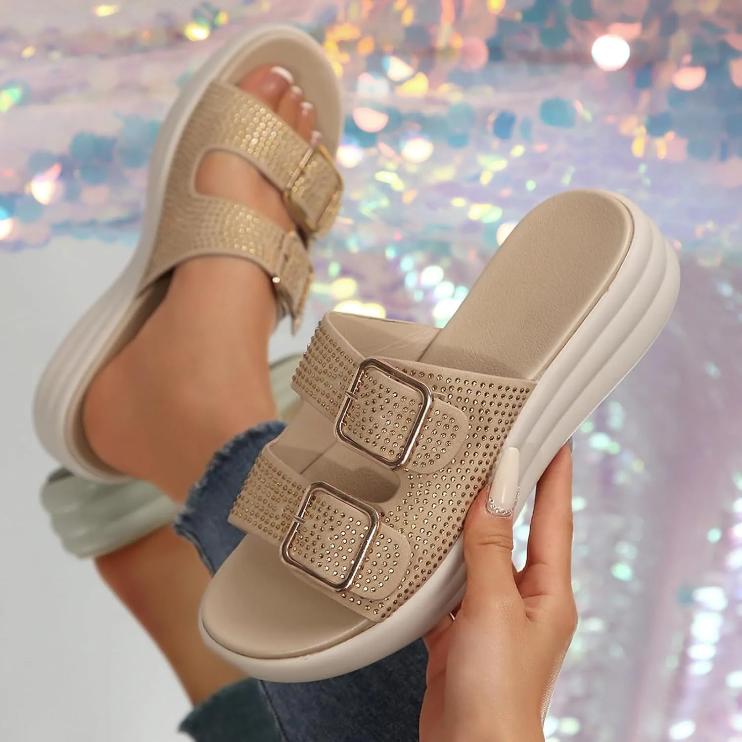 Women's Orthopedic Wedge Sandals Summer Casual Rhinestone Platform Fashionable Espadrille Cork Footbed Slide Sandals Open Toe Comfortable Arch Support Slip on Soft Soled Slippers