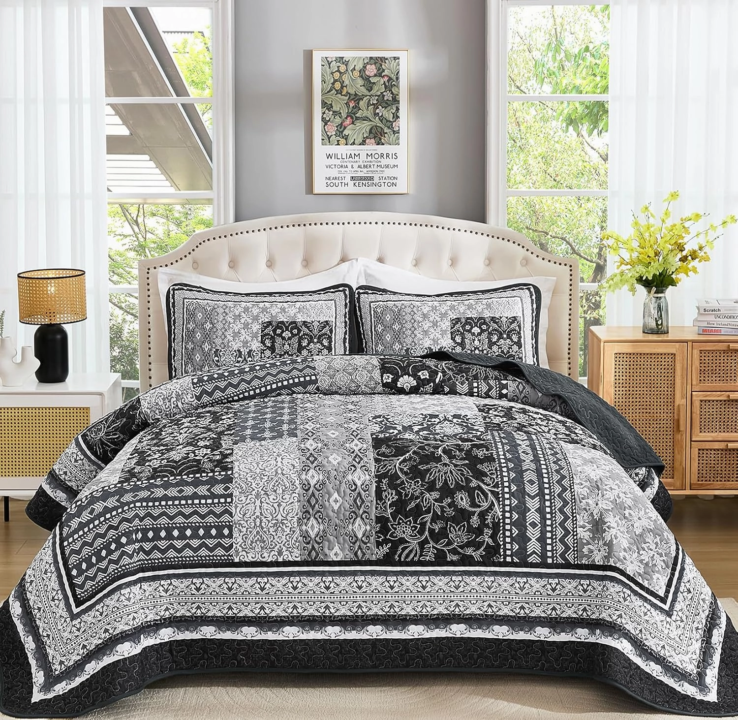 WONGS BEDDING Black Quilt Set King Size,3 Pieces Boho Patchwork Bedspread Coverlet Set, Lightweight Bohemian Quilt Bedding Set for All Seasons (104"x90")