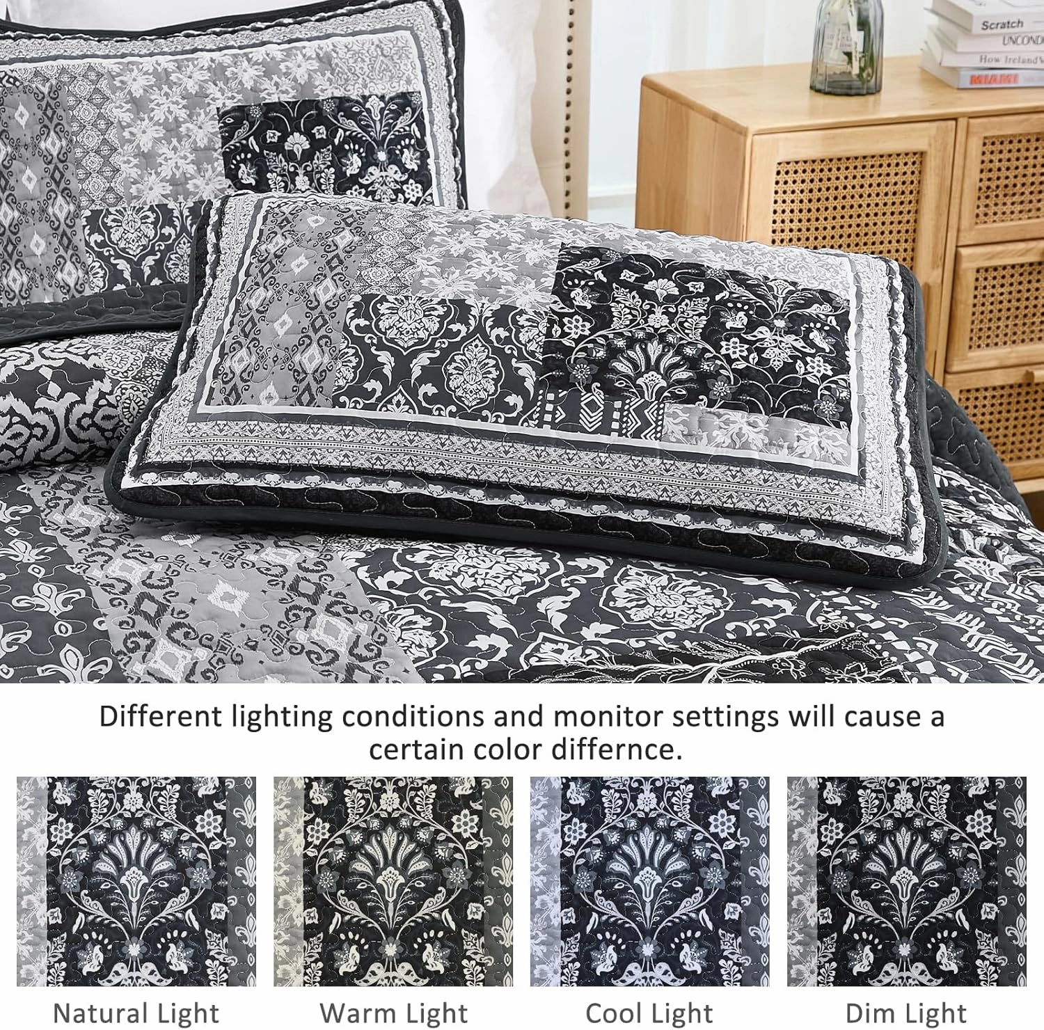 WONGS BEDDING Black Quilt Set King Size,3 Pieces Boho Patchwork Bedspread Coverlet Set, Lightweight Bohemian Quilt Bedding Set for All Seasons (104"x90")