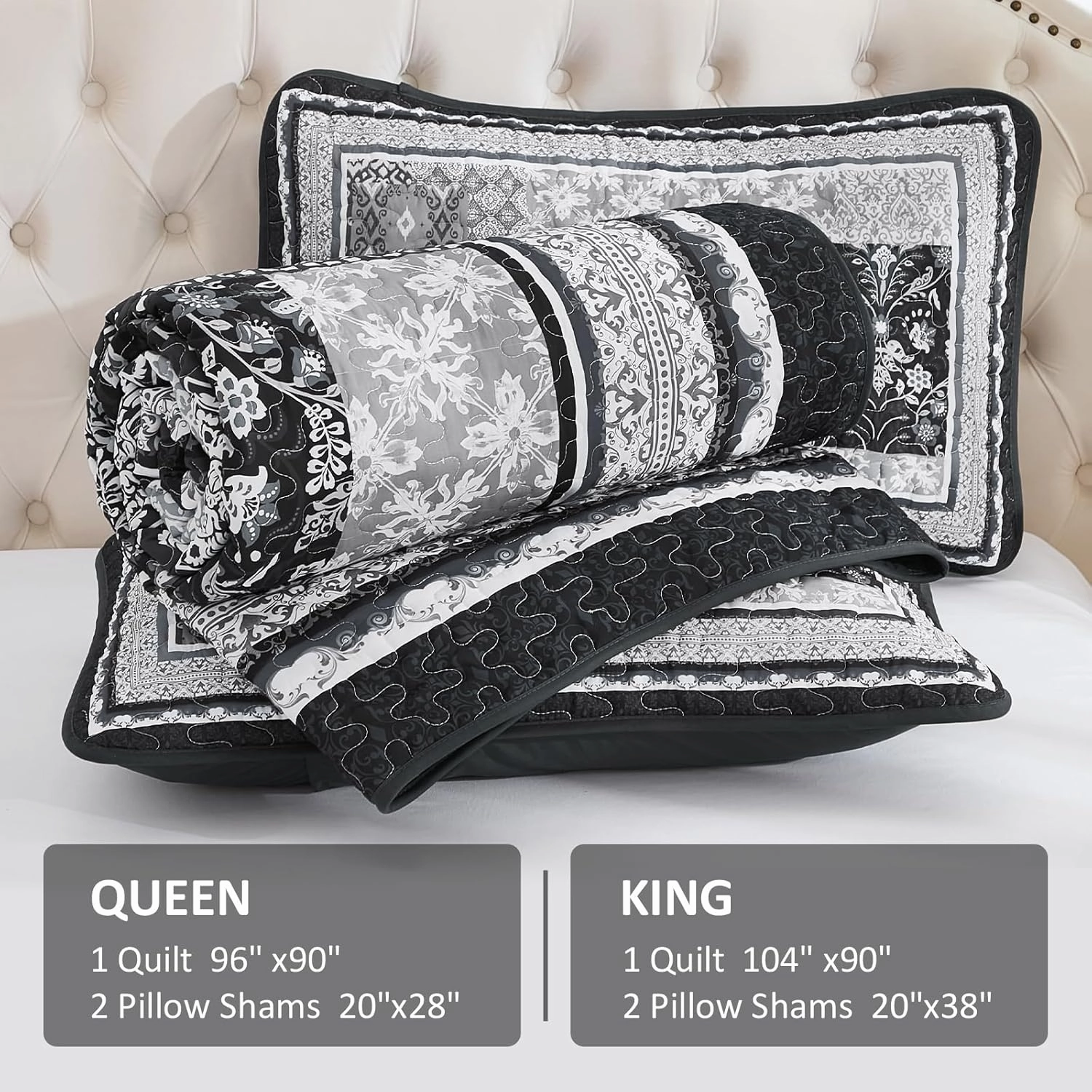 WONGS BEDDING Black Quilt Set King Size,3 Pieces Boho Patchwork Bedspread Coverlet Set, Lightweight Bohemian Quilt Bedding Set for All Seasons (104"x90")