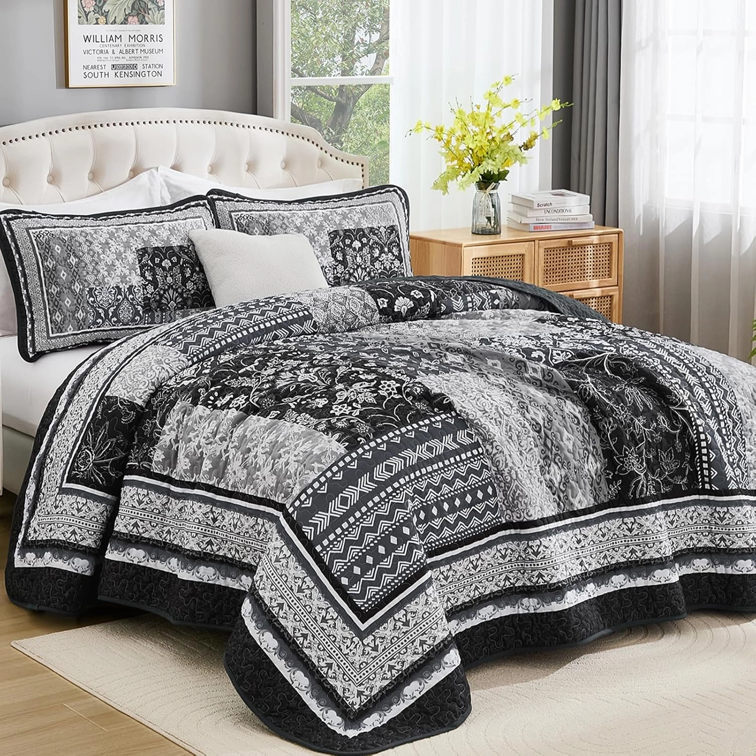 WONGS BEDDING Black Quilt Set King Size,3 Pieces Boho Patchwork Bedspread Coverlet Set, Lightweight Bohemian Quilt Bedding Set for All Seasons (104"x90")