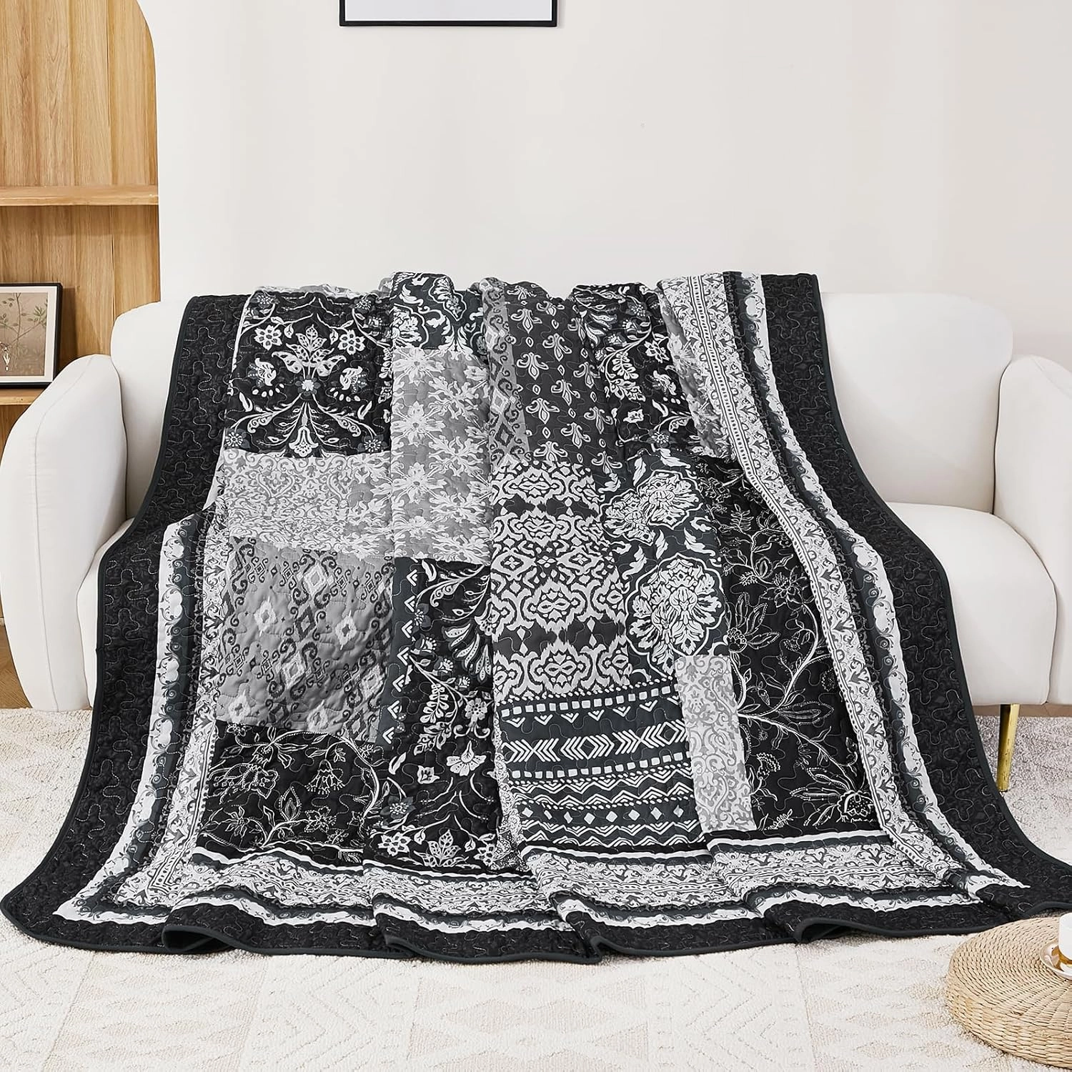 WONGS BEDDING Black Quilt Set King Size,3 Pieces Boho Patchwork Bedspread Coverlet Set, Lightweight Bohemian Quilt Bedding Set for All Seasons (104"x90")