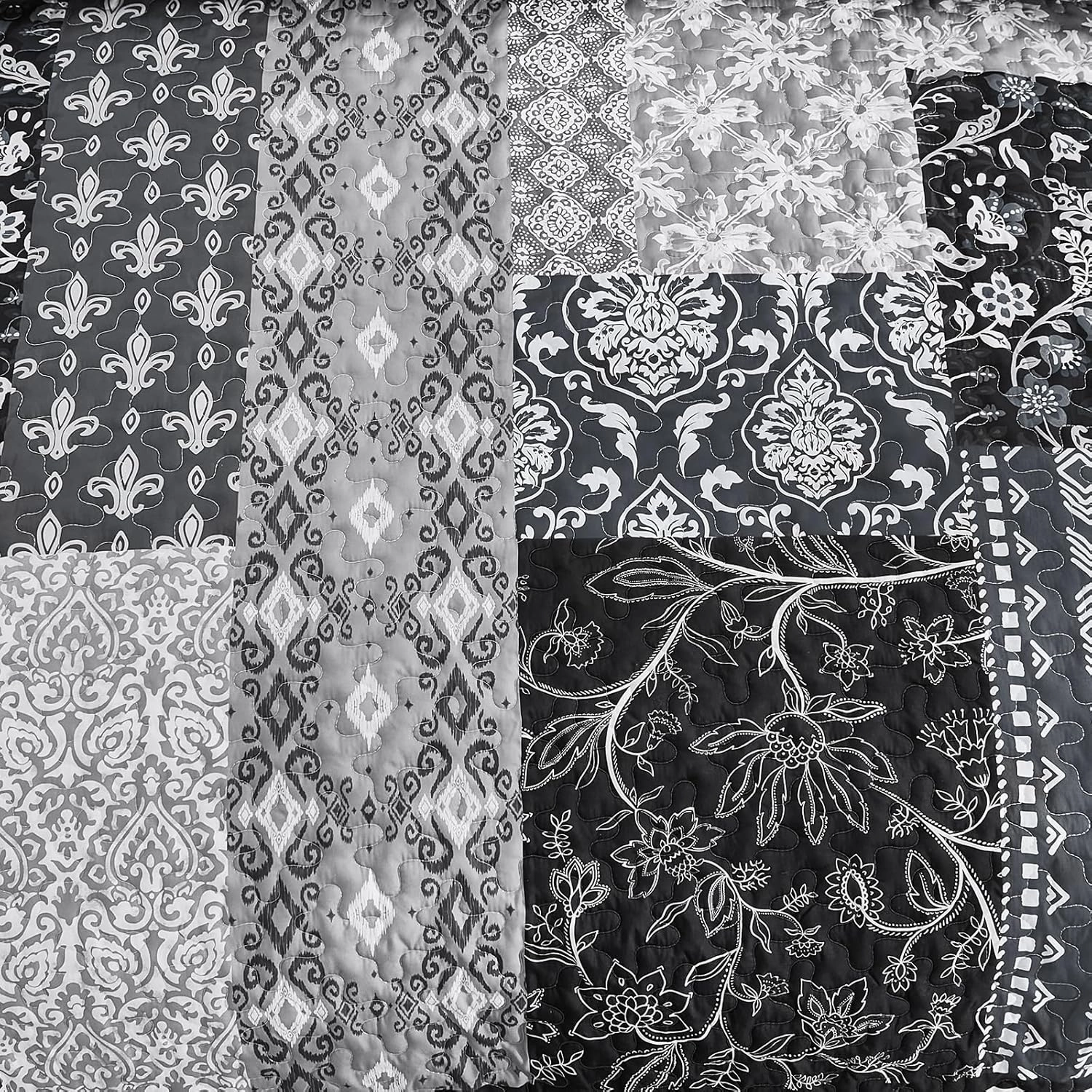 WONGS BEDDING Black Quilt Set King Size,3 Pieces Boho Patchwork Bedspread Coverlet Set, Lightweight Bohemian Quilt Bedding Set for All Seasons (104"x90")