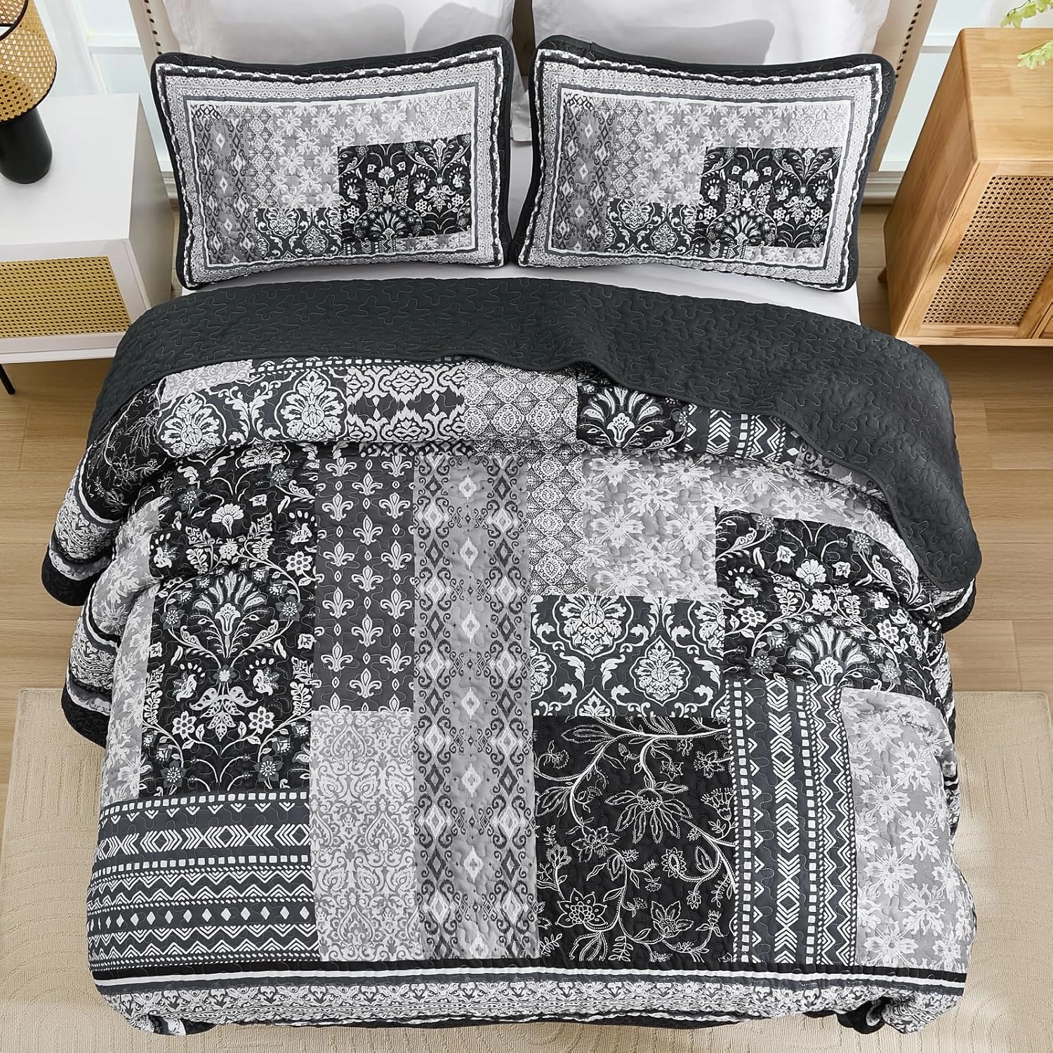 WONGS BEDDING Black Quilt Set King Size,3 Pieces Boho Patchwork Bedspread Coverlet Set, Lightweight Bohemian Quilt Bedding Set for All Seasons (104"x90")