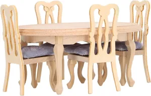 Wooden Lifelike Mini Dining Room Furniture Set with Birch Table Chair, Cute and Stylish Dollhouse Chair Cushions for Doll House Home Decor, 1:12 Mini, Great Gift for Friends