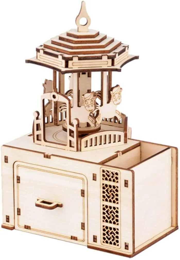 Wooden Music Box Carousel - 3D Puzzle DIY Mechanical Assemble Merry-go-Round Musical Case Desktop Pen Holder Ornaments
