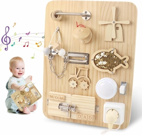 Wooden Montessori Busy Board for Toddlers 3 , Sensory Baby Board for Autism, Fine Motor Skills Hand-Eye Coordination, Boys Girls, Christmas Birthday Gift