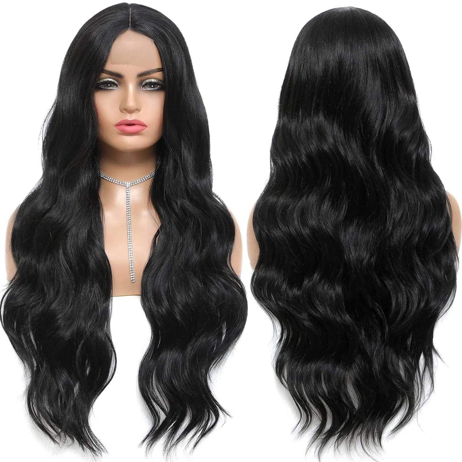 xccoco Long Wavy Black Wigs for Women 30inch Long Body Wave Synthetic Lace Natural Looking Wig Middle Part Heat Resistant Wigs for Daily