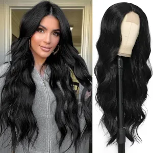 xccoco Long Wavy Black Wigs for Women 30inch Long Body Wave Synthetic Lace Natural Looking Wig Middle Part Heat Resistant Wigs for Daily