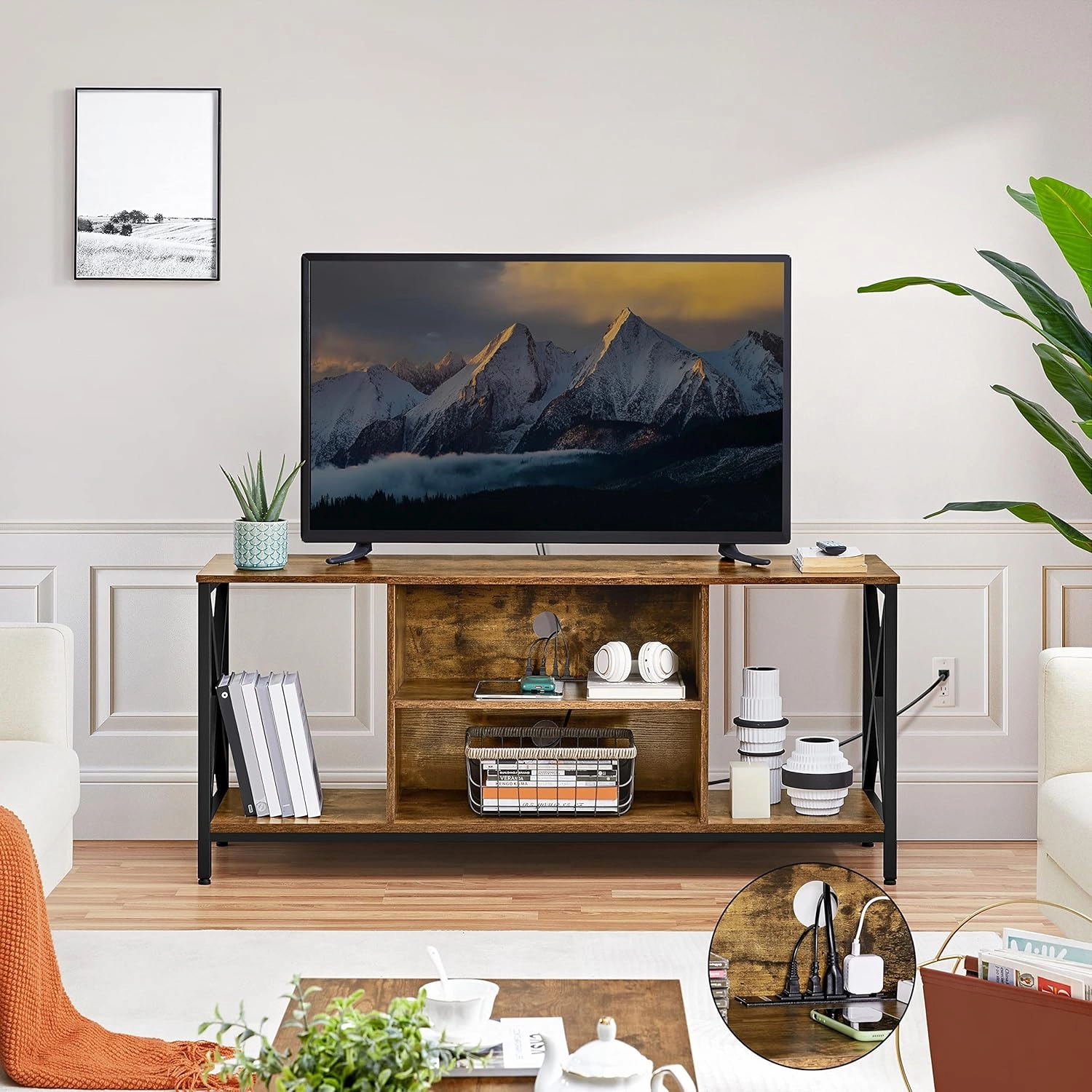 Yaheetech TV Stand for 65 inch TV, Farmhouse TV Console Table with Power Outlets, Gaming Entertainment Center for Living Room, Rustic Brown