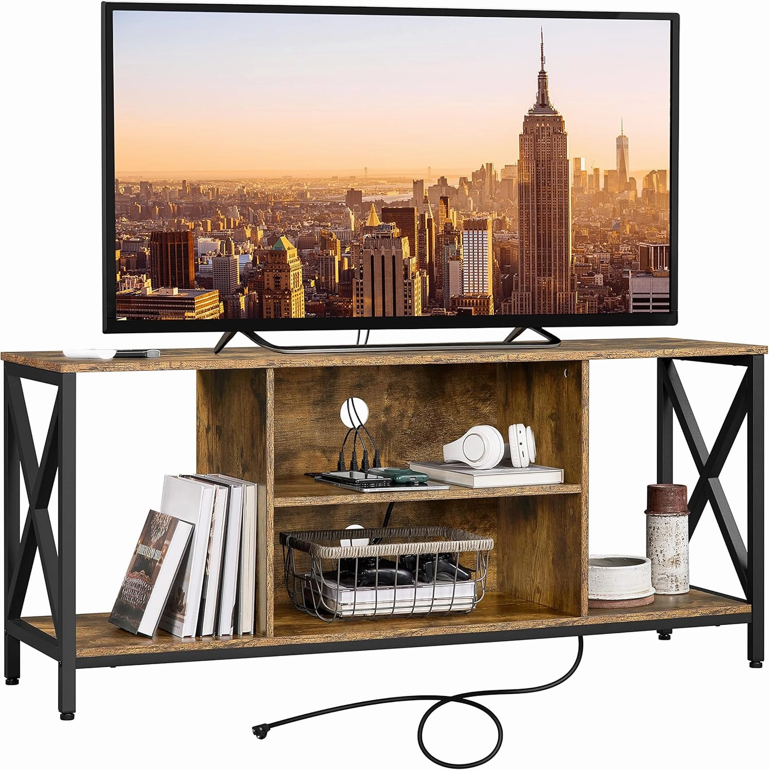 Yaheetech TV Stand for 65 inch TV, Farmhouse TV Console Table with Power Outlets, Gaming Entertainment Center for Living Room, Rustic Brown