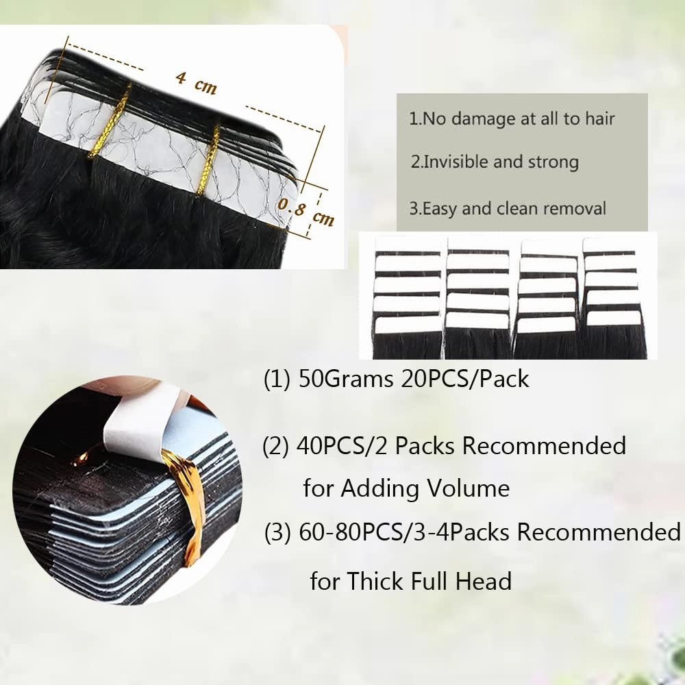 Yaki Tape in Extensions Human Hair,Natural Black Tape in Extensions Real Human Hair, 20PCS 50G/Set Skin Weft Invisible Glue in Hair Extensions 18Inch Hair Extensions for Black Women