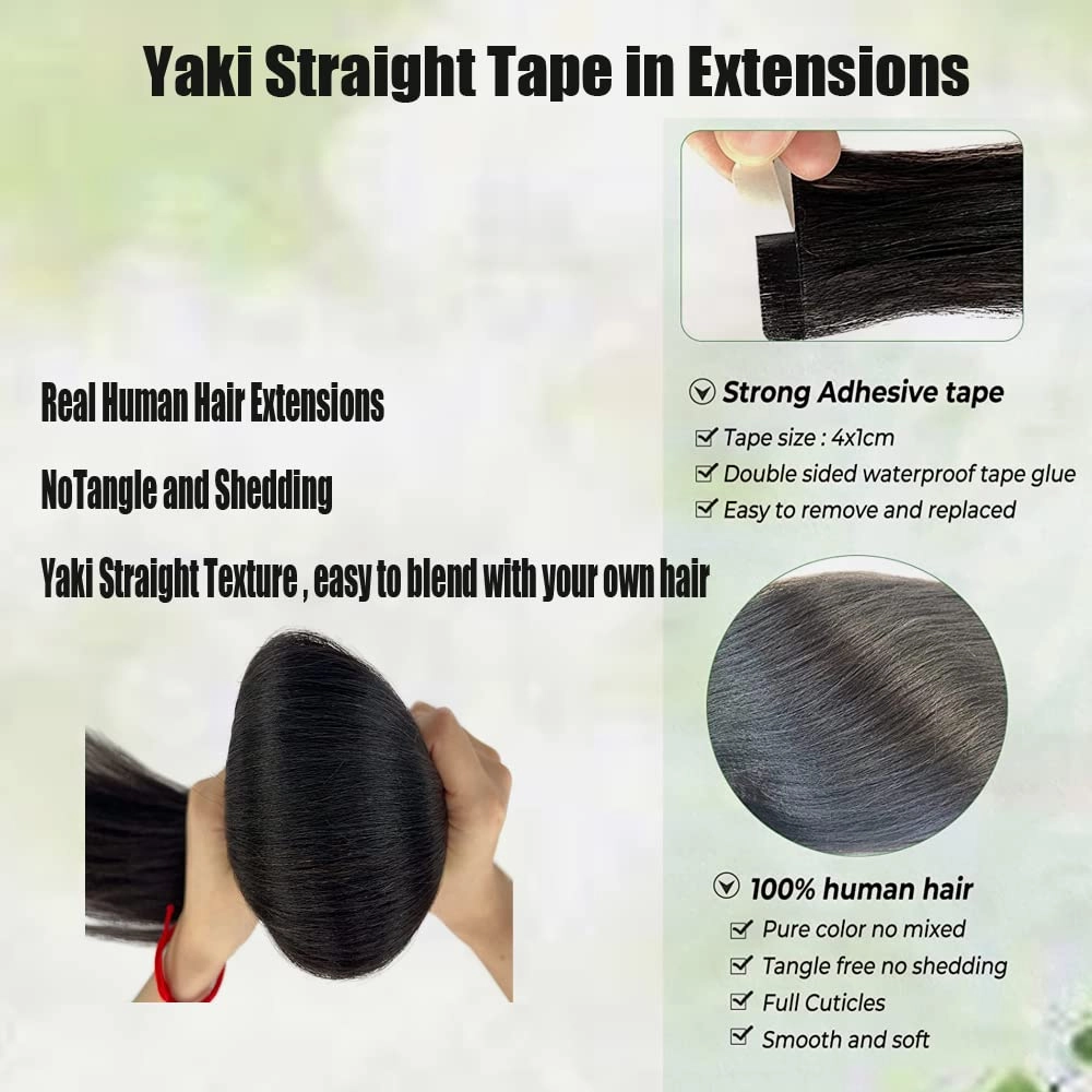 Yaki Tape in Extensions Human Hair,Natural Black Tape in Extensions Real Human Hair, 20PCS 50G/Set Skin Weft Invisible Glue in Hair Extensions 18Inch Hair Extensions for Black Women