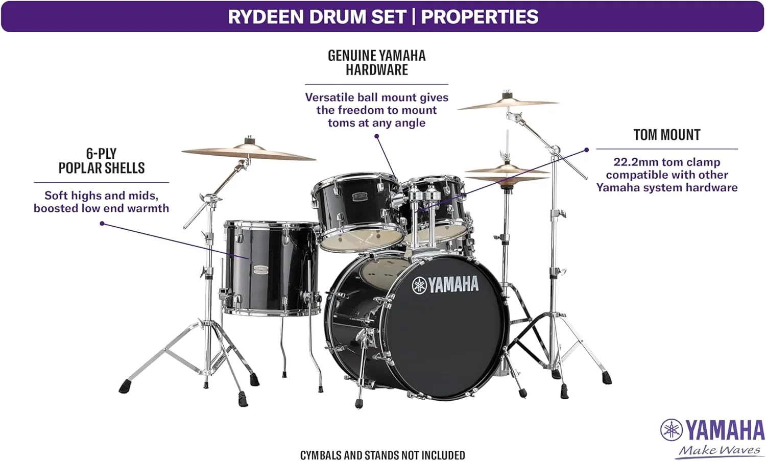 Yamaha Rydeen 5pc Shell Pack with 20" Bass Drum, Black Glitter