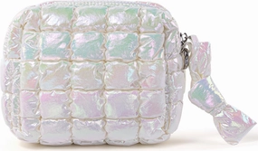 Yarnic Quilted Makeup Bag Cosmetic Bag, Travel Toiletry Bag for Women, Cute Makeup Bag Organizer Puffer Makeup Pouch (Iridescent White, S)