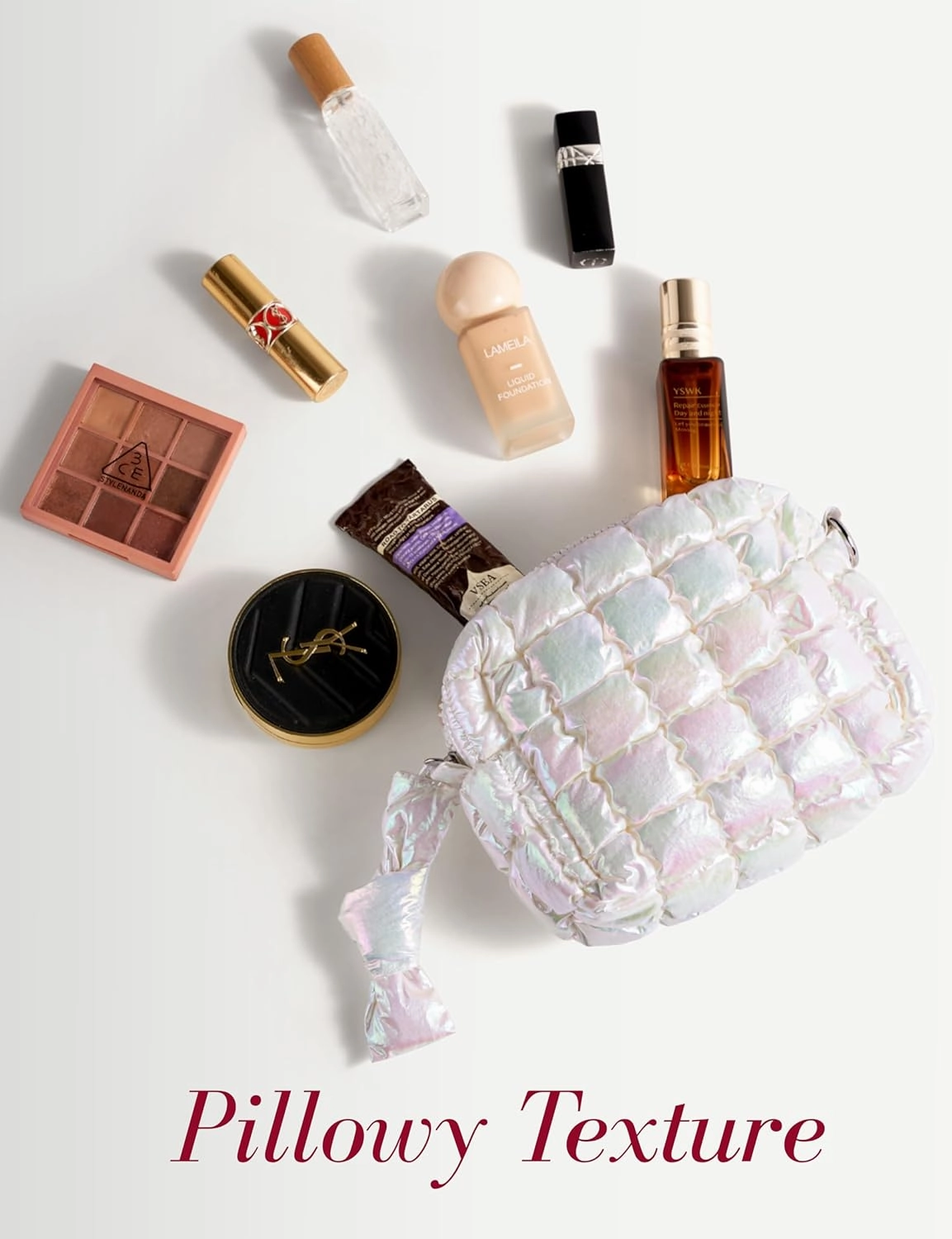 Yarnic Quilted Makeup Bag Cosmetic Bag, Travel Toiletry Bag for Women, Cute Makeup Bag Organizer Puffer Makeup Pouch (Iridescent White, S)
