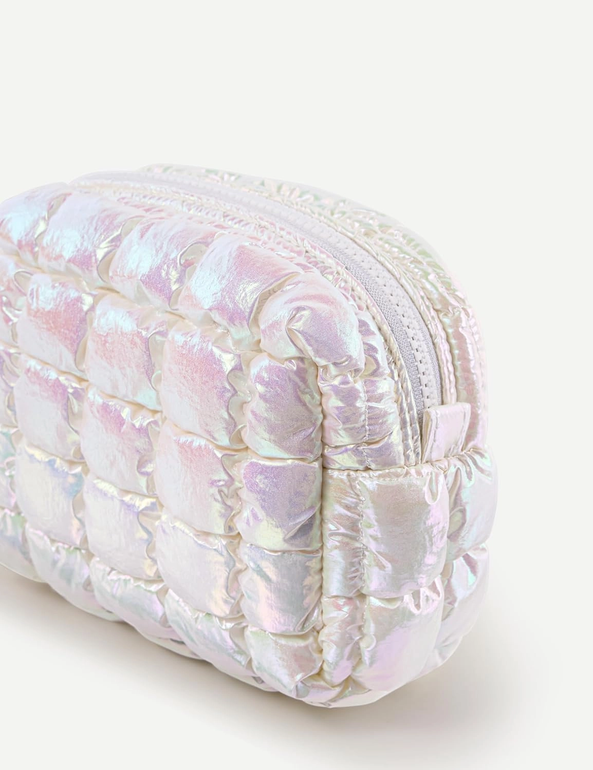Yarnic Quilted Makeup Bag Cosmetic Bag, Travel Toiletry Bag for Women, Cute Makeup Bag Organizer Puffer Makeup Pouch (Iridescent White, S)