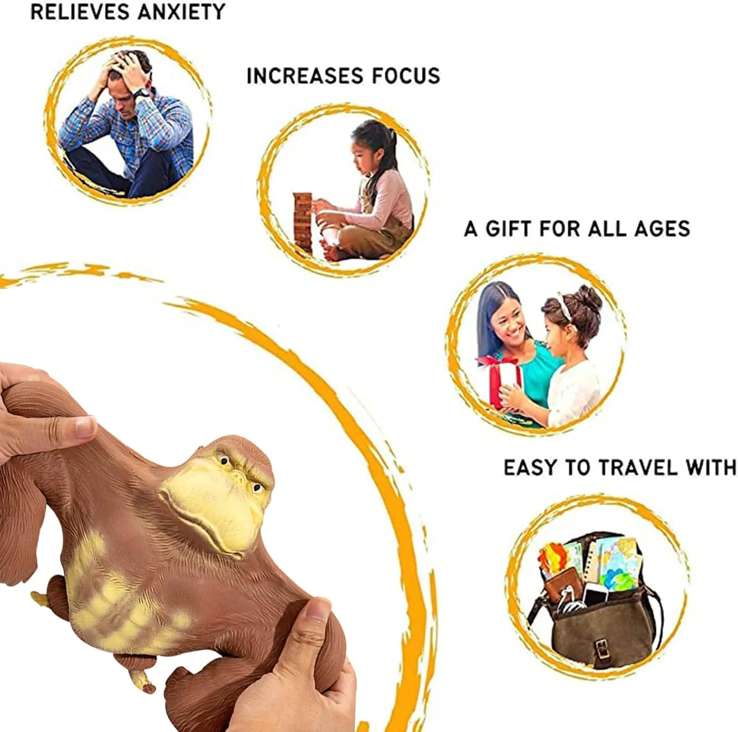 YHan Squeeze Monkey Toy – Stretchy Stress Relief Gorilla with Sand Filling, Soft & Elastic Sensory Fidget Toy for Autism, ADHD & Anxiety – Non-Toxic Latex, Fun Gifts for Kids & Adults (Medium, Brown)